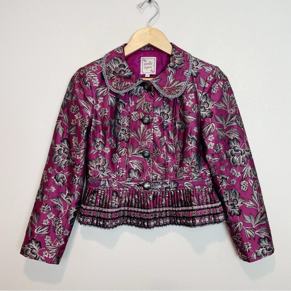 Nanette Lepore Floral Jacquard Cropped Blazer Peter Pan Collar Intricate Size 4